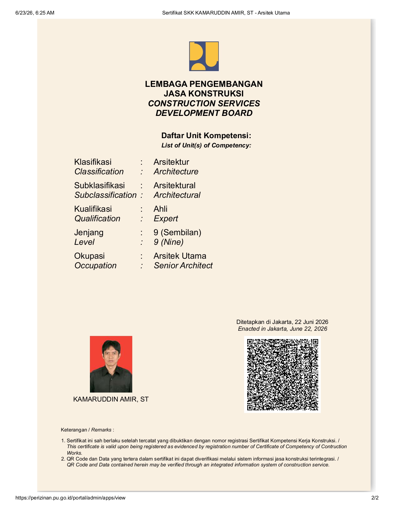 Sertifikat Kompetensi Kerja Arsitek Utama